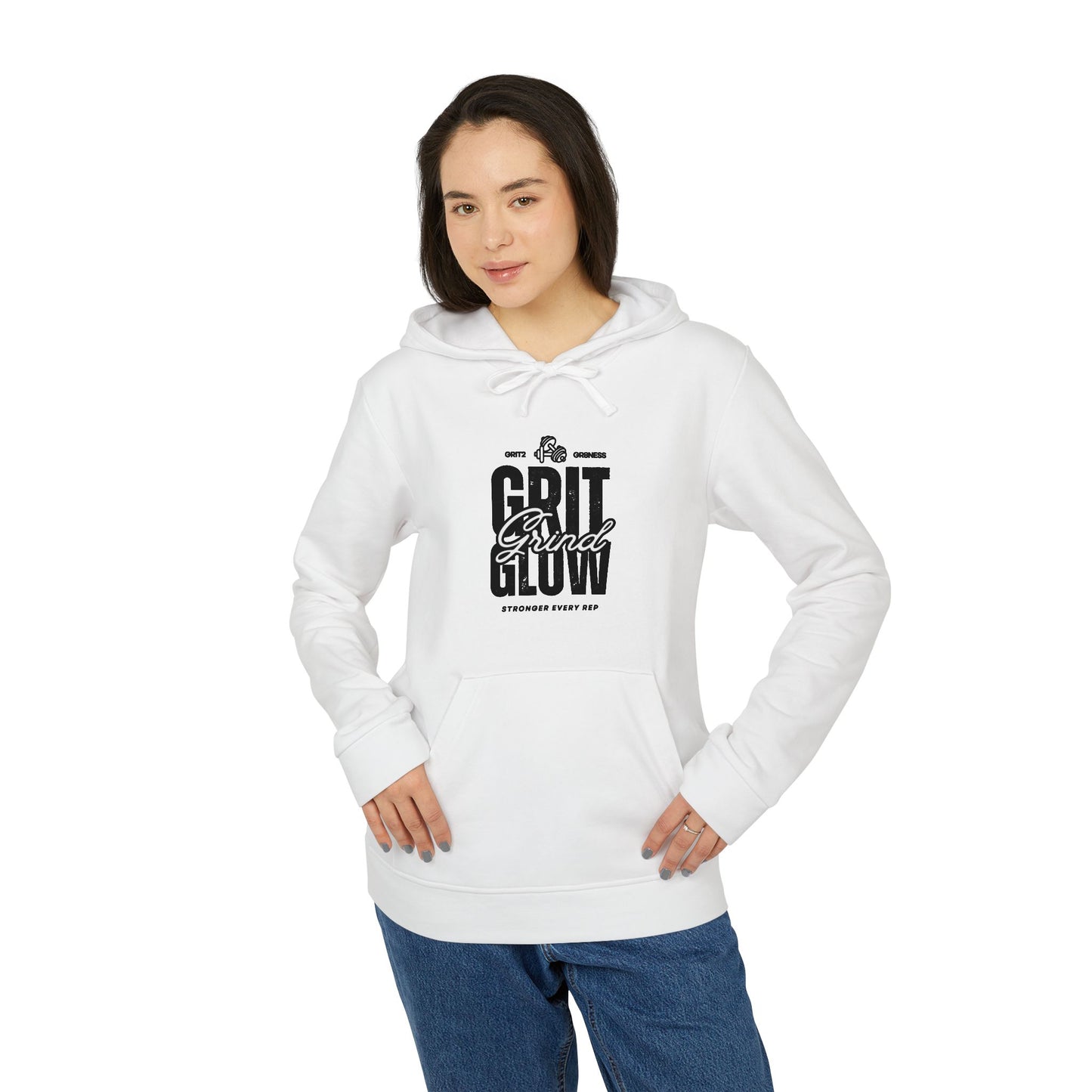 Adidas "Grit. Grind. Glow." Fleece Hoodie - Motivational Activewear for Fitness Enthusiasts