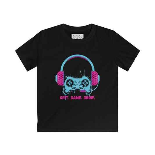 Kids Gaming Tee - 'Grit. Game. Grow.' - Softstyle Black T-Shirt