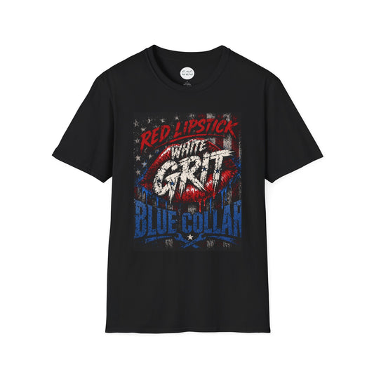 WOMENS Red Lipstick White Grit Blue Collar T